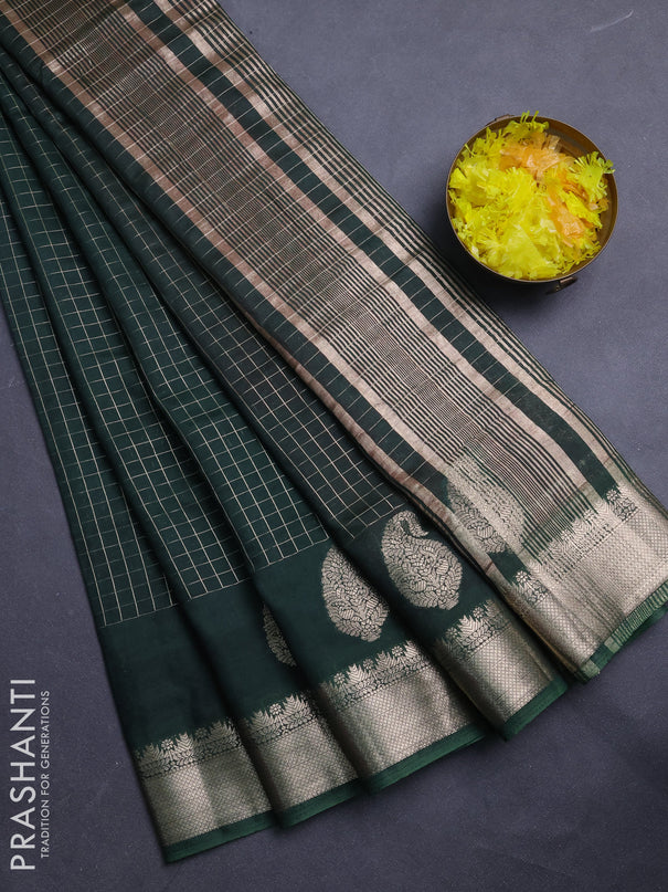 Semi chanderi saree bottle green and maroon with allover zari checked pattern and zari woven paisley butta border