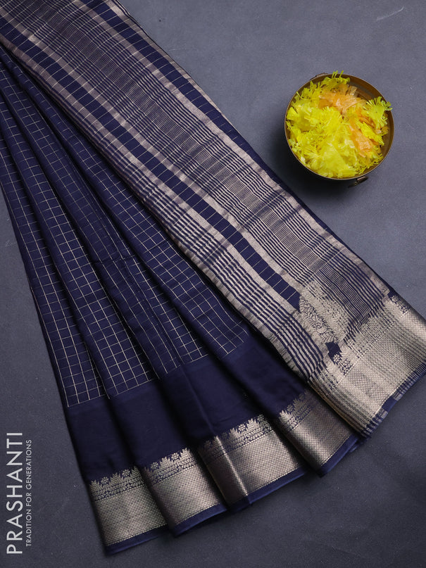 Semi chanderi saree navy blue and purple with allover zari checked pattern and zari woven paisley butta border