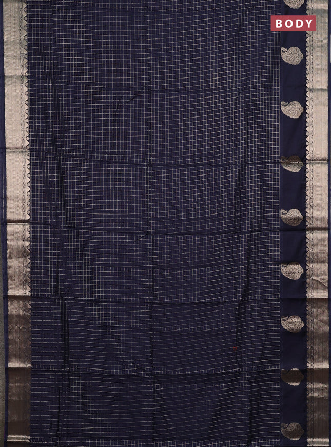 Semi chanderi saree navy blue and purple with allover zari checked pattern and zari woven paisley butta border