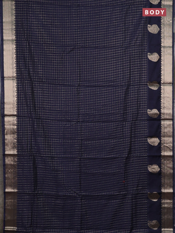 Semi chanderi saree navy blue and purple with allover zari checked pattern and zari woven paisley butta border