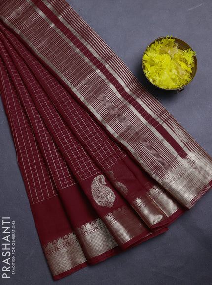 Semi chanderi saree maroon and black with allover zari checked pattern and zari woven paisley butta border