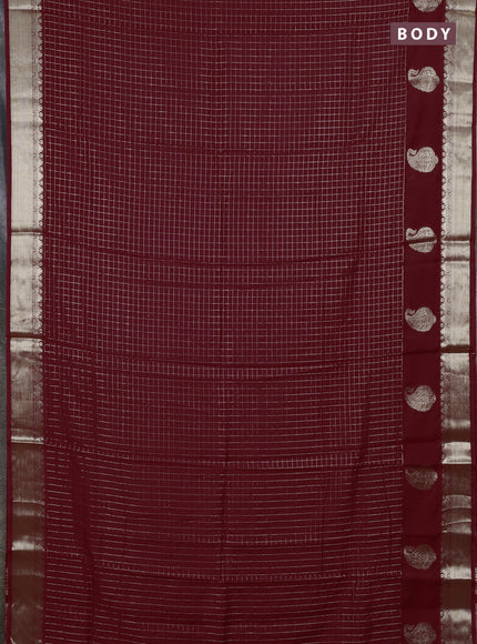 Semi chanderi saree maroon and black with allover zari checked pattern and zari woven paisley butta border
