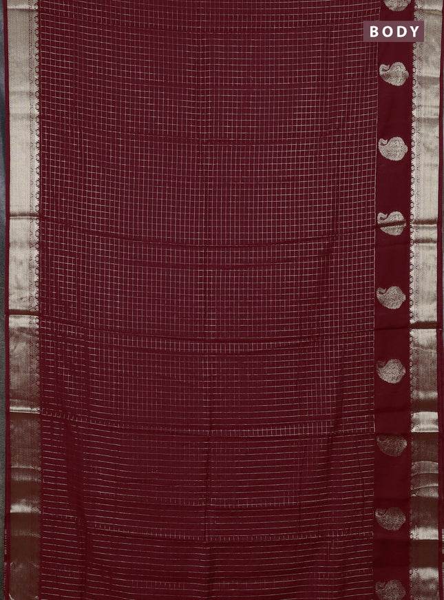 Semi chanderi saree maroon and black with allover zari checked pattern and zari woven paisley butta border