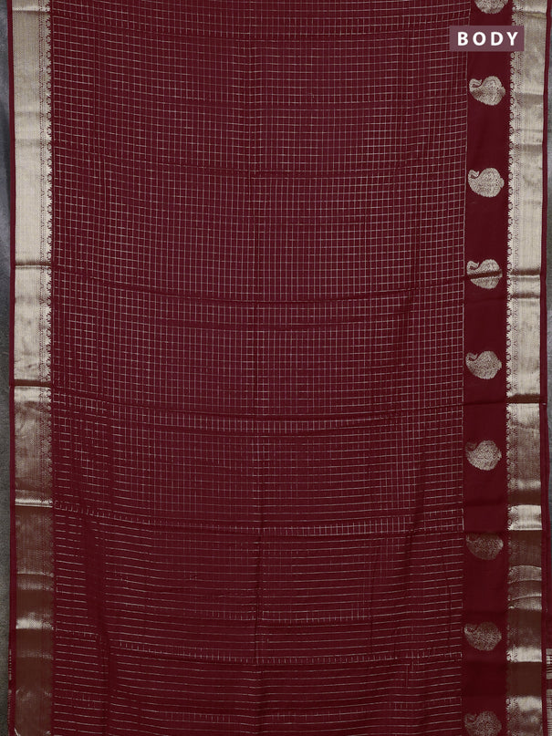 Semi chanderi saree maroon and black with allover zari checked pattern and zari woven paisley butta border