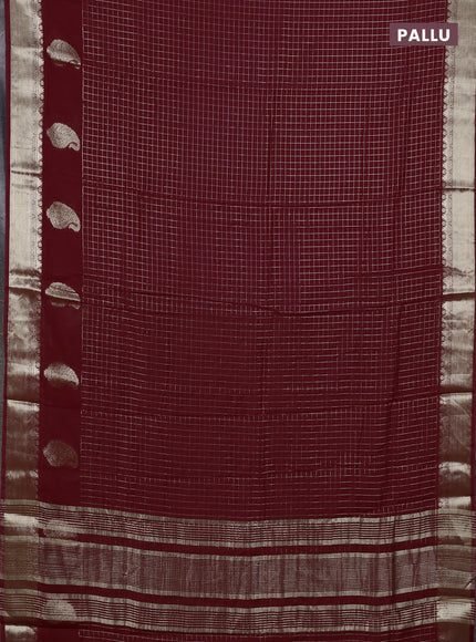 Semi chanderi saree maroon and black with allover zari checked pattern and zari woven paisley butta border