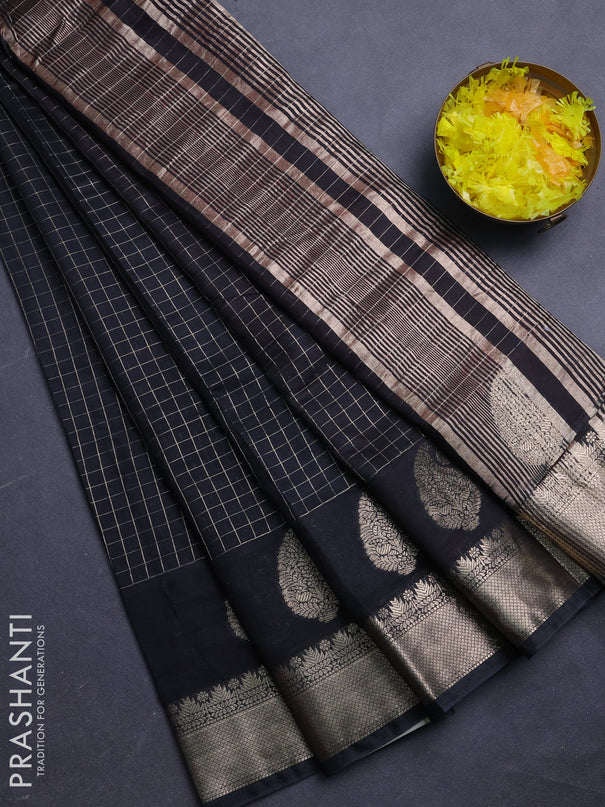 Semi chanderi saree black and red with allover zari checked pattern and zari woven paisley butta border