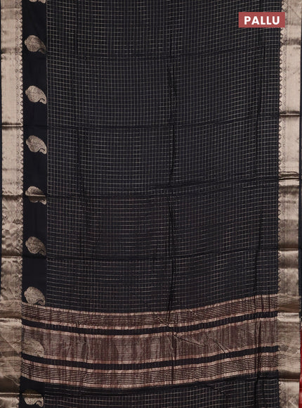 Semi chanderi saree black and red with allover zari checked pattern and zari woven paisley butta border