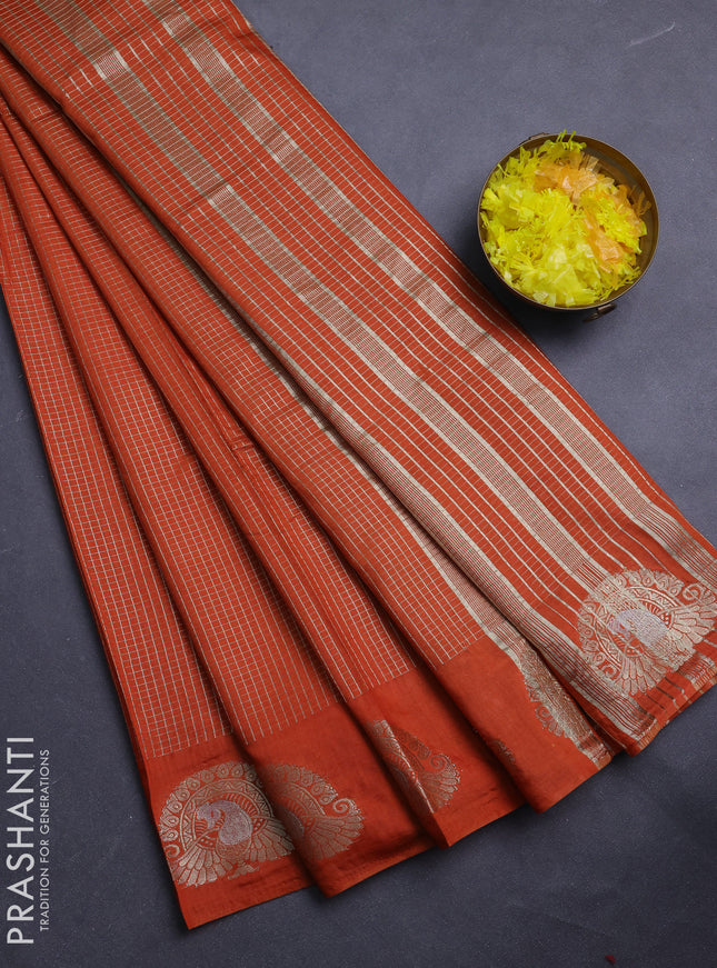 Semi chanderi saree rust shade and deep wine with allover small zari checked pattern and zari woven butta border