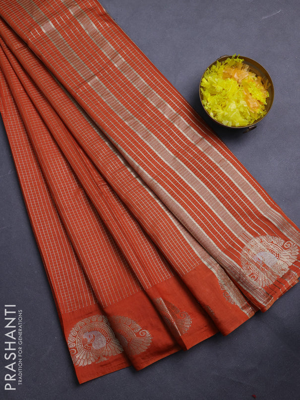 Semi chanderi saree rust shade and deep wine with allover small zari checked pattern and zari woven butta border