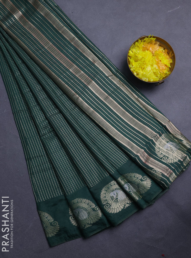 Semi chanderi saree green and light pink with allover small zari checked pattern and zari woven butta border