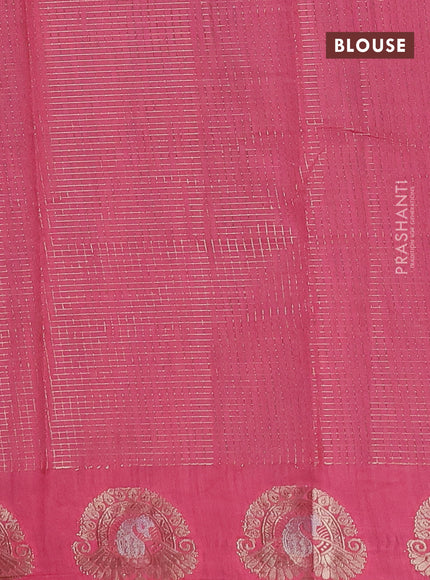 Semi chanderi saree green and light pink with allover small zari checked pattern and zari woven butta border