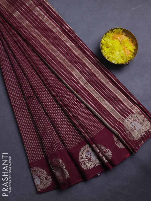 Semi chanderi saree deep wine shade and rust shade with allover small zari checked pattern and zari woven butta border