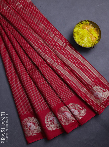Semi chanderi saree red and green with allover small zari checked pattern and zari woven butta border