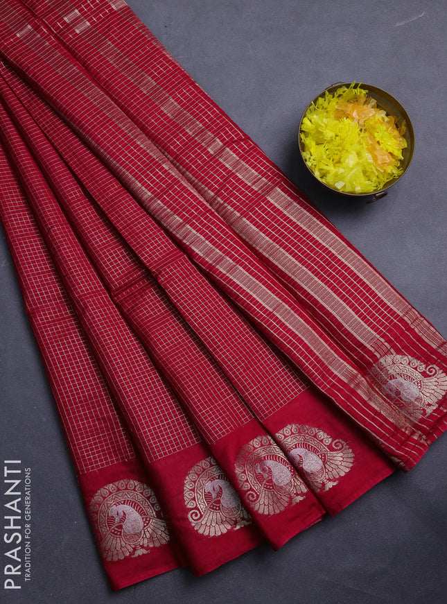 Semi chanderi saree red and green with allover small zari checked pattern and zari woven butta border