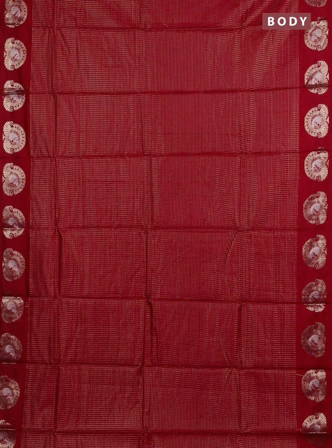 Semi chanderi saree red and green with allover small zari checked pattern and zari woven butta border
