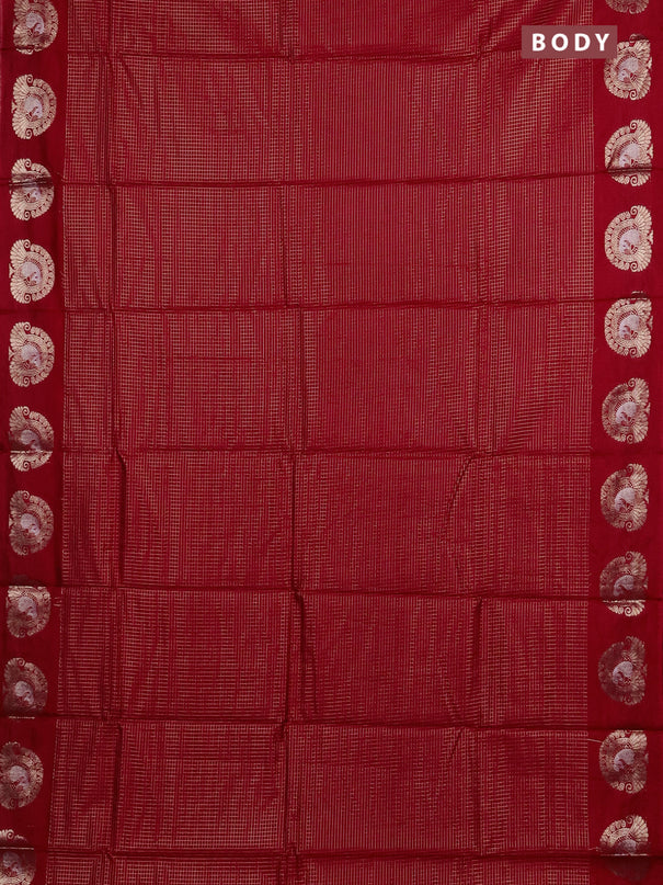 Semi chanderi saree red and green with allover small zari checked pattern and zari woven butta border