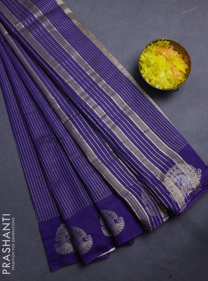 Semi chanderi saree blue and light green with allover small zari checked pattern and zari woven butta border