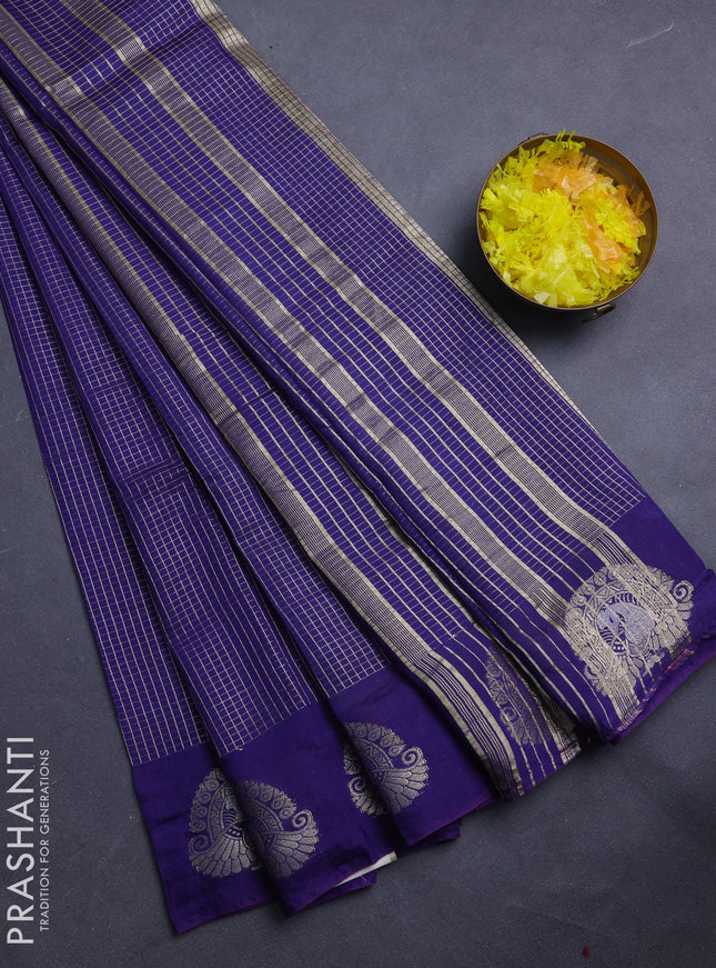 Semi chanderi saree blue and light green with allover small zari checked pattern and zari woven butta border
