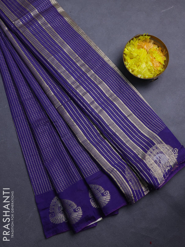 Semi chanderi saree blue and light green with allover small zari checked pattern and zari woven butta border