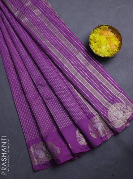 Semi chanderi saree violet shade and blue with allover small zari checked pattern and zari woven butta border