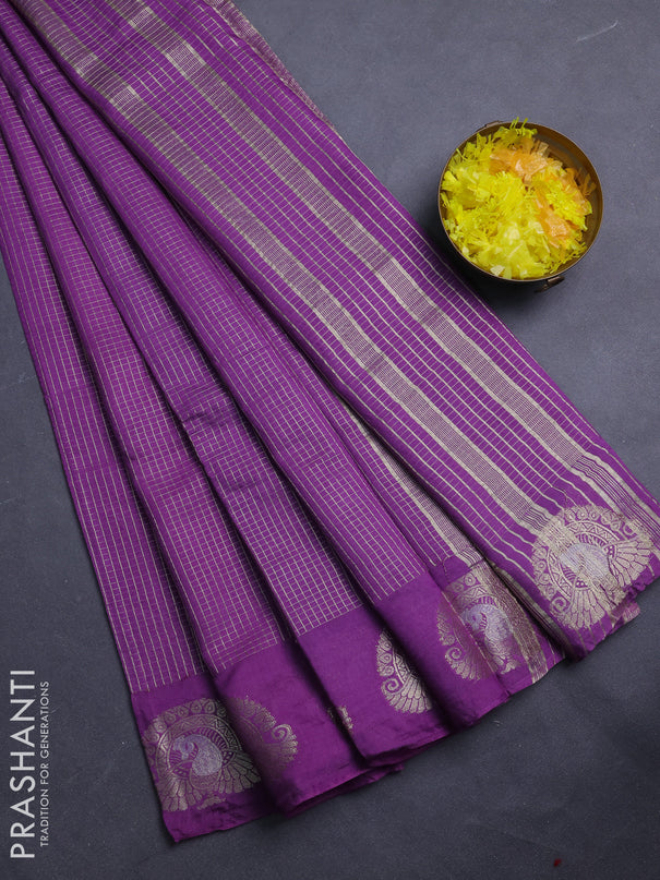 Semi chanderi saree violet shade and blue with allover small zari checked pattern and zari woven butta border