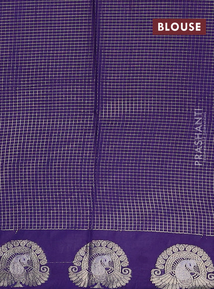 Semi chanderi saree violet shade and blue with allover small zari checked pattern and zari woven butta border