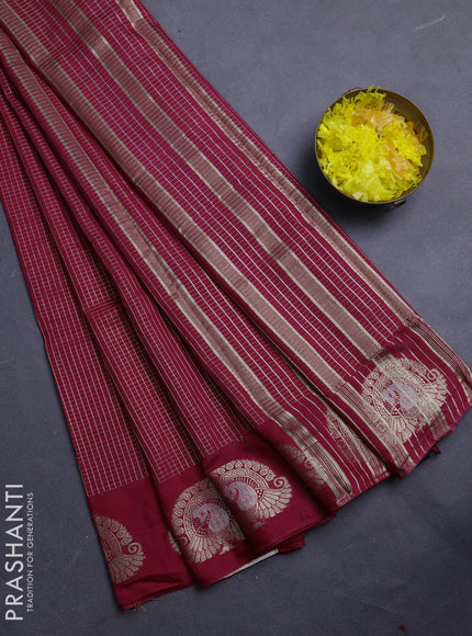 Semi chanderi saree maroon and green with allover small zari checked pattern and zari woven butta border