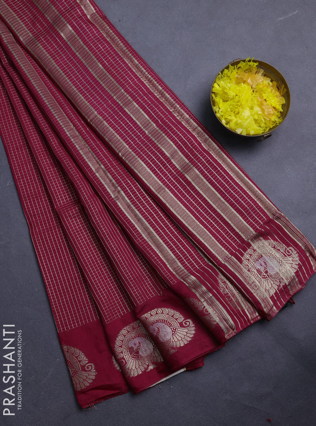 Semi chanderi saree maroon and green with allover small zari checked pattern and zari woven butta border