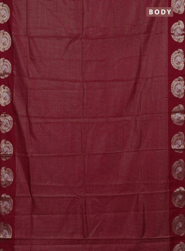 Semi chanderi saree maroon and green with allover small zari checked pattern and zari woven butta border
