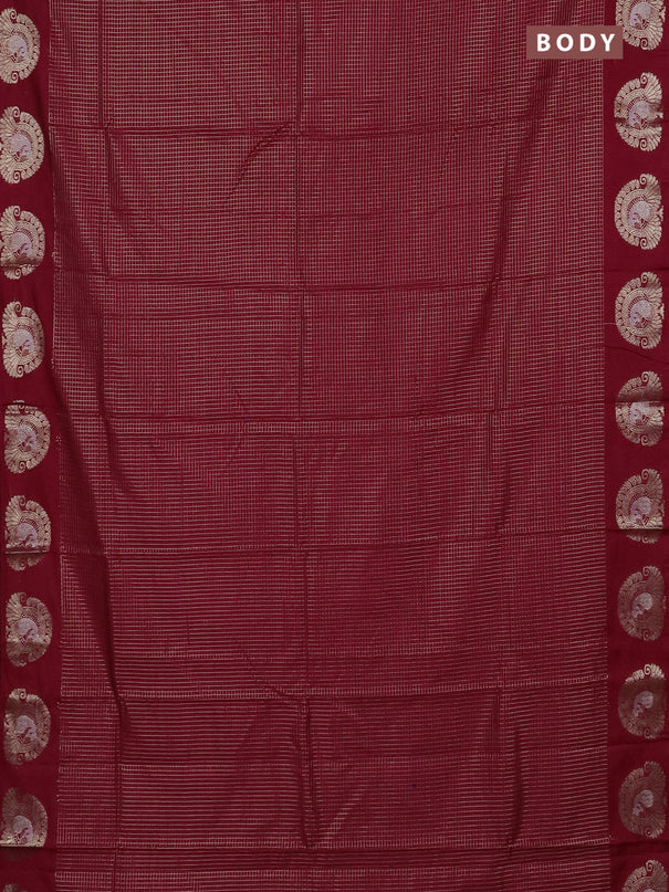 Semi chanderi saree maroon and green with allover small zari checked pattern and zari woven butta border