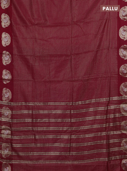Semi chanderi saree maroon and green with allover small zari checked pattern and zari woven butta border