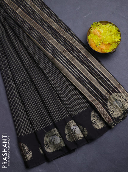 Semi chanderi saree black and maroon with allover small zari checked pattern and zari woven butta border