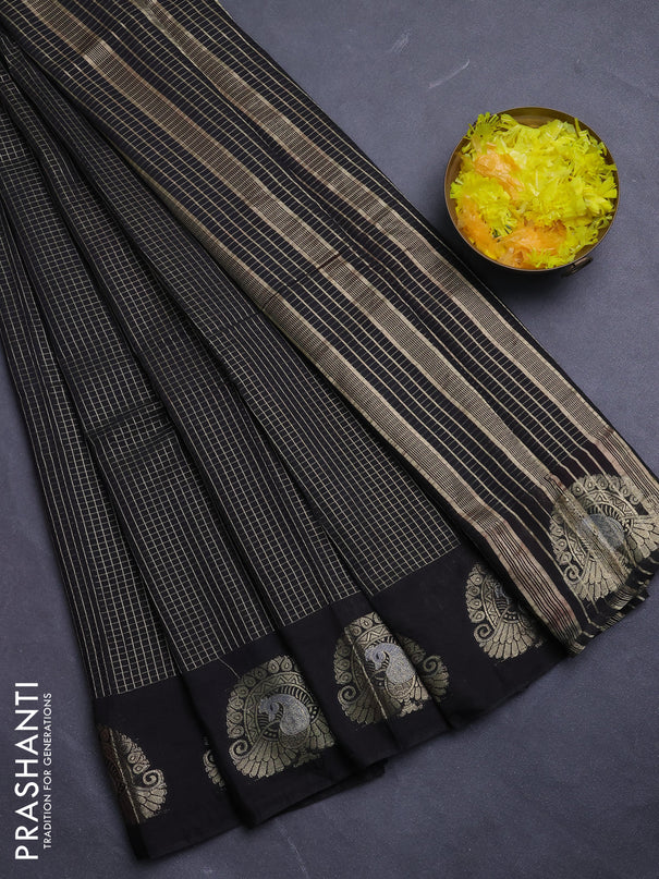 Semi chanderi saree black and maroon with allover small zari checked pattern and zari woven butta border