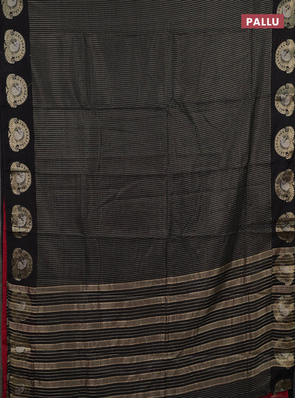 Semi chanderi saree black and maroon with allover small zari checked pattern and zari woven butta border