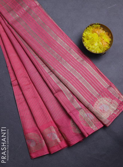 Semi chanderi saree light pink and violet with allover small zari checked pattern and zari woven butta border