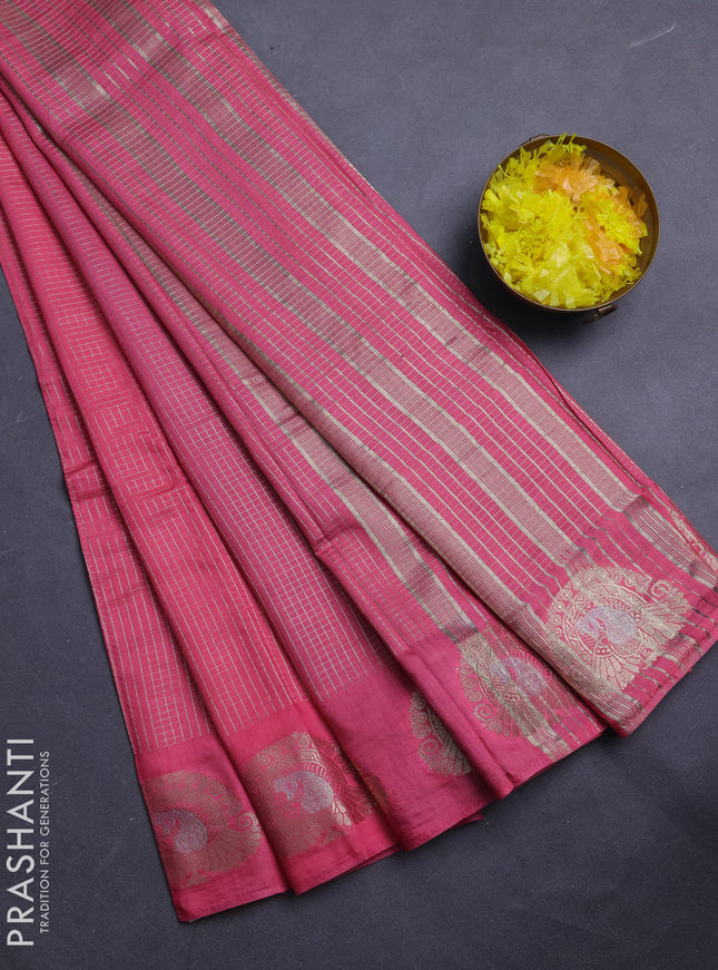 Semi chanderi saree light pink and violet with allover small zari checked pattern and zari woven butta border