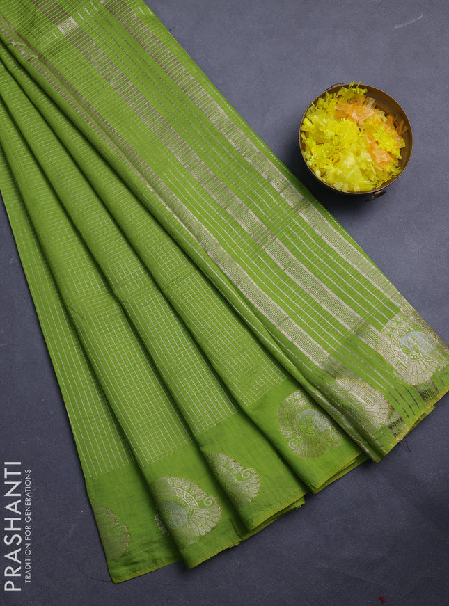 Semi chanderi saree light green and navy blue with allover small zari checked pattern and zari woven butta border