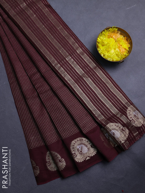 Semi chanderi saree deep wine shade and rust shade with allover small zari checked pattern and zari woven butta border