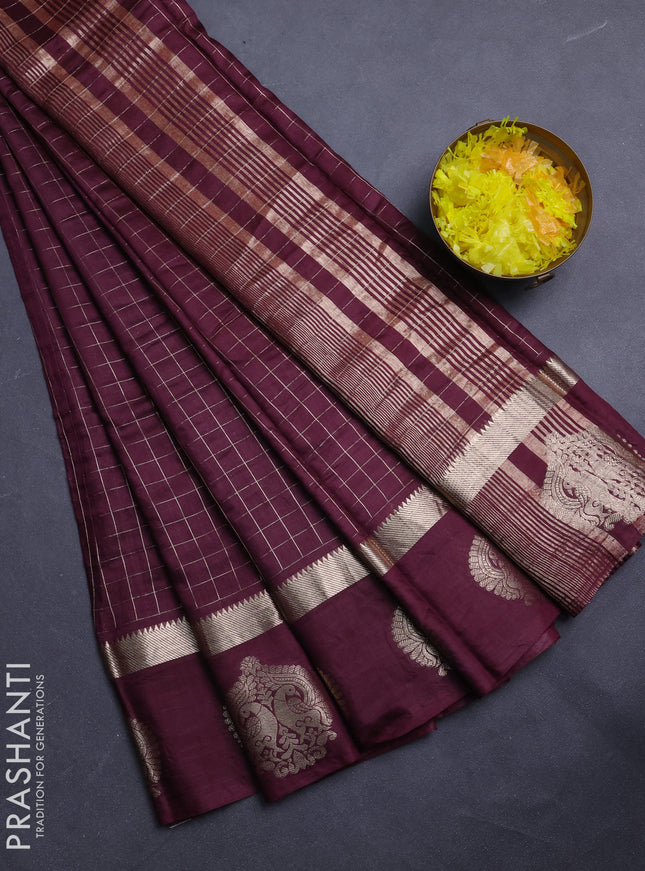 Semi chanderi saree deep maroon and rust shade with allover zari checked pattern and zari woven butta border