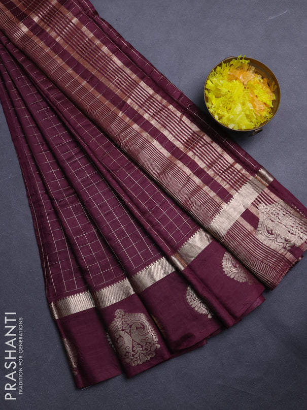 Semi chanderi saree deep maroon and rust shade with allover zari checked pattern and zari woven butta border