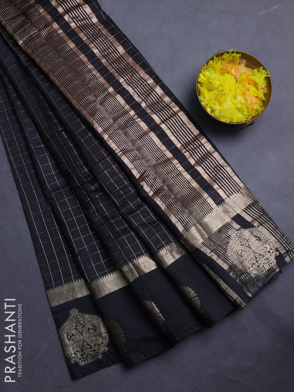 Semi chanderi saree black and red with allover zari checked pattern and zari woven butta border