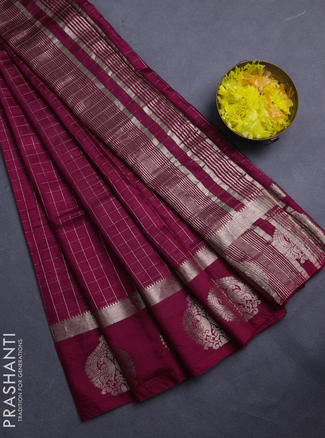 Semi chanderi saree deep maroon and green with allover zari checked pattern and zari woven butta border