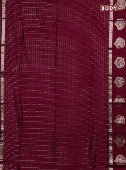 Semi chanderi saree deep maroon and green with allover zari checked pattern and zari woven butta border
