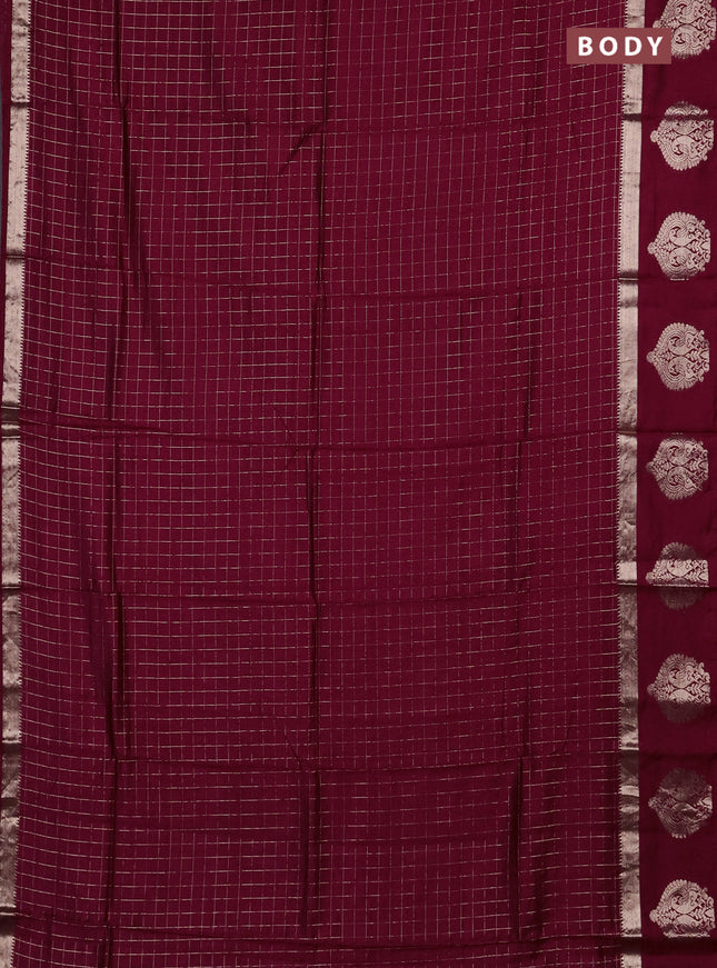Semi chanderi saree deep maroon and green with allover zari checked pattern and zari woven butta border
