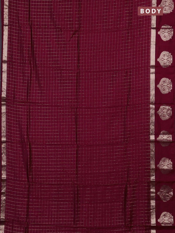 Semi chanderi saree deep maroon and green with allover zari checked pattern and zari woven butta border
