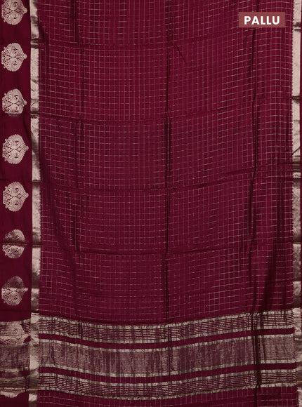 Semi chanderi saree deep maroon and green with allover zari checked pattern and zari woven butta border