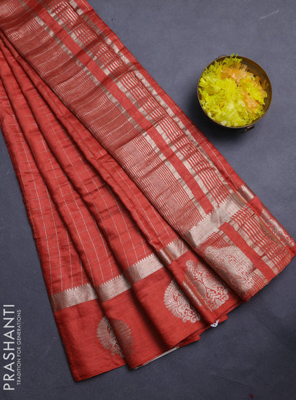 Semi chanderi saree rust shade and maroon with allover zari checked pattern and zari woven butta border