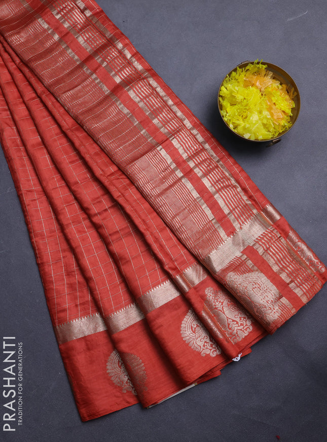 Semi chanderi saree rust shade and maroon with allover zari checked pattern and zari woven butta border