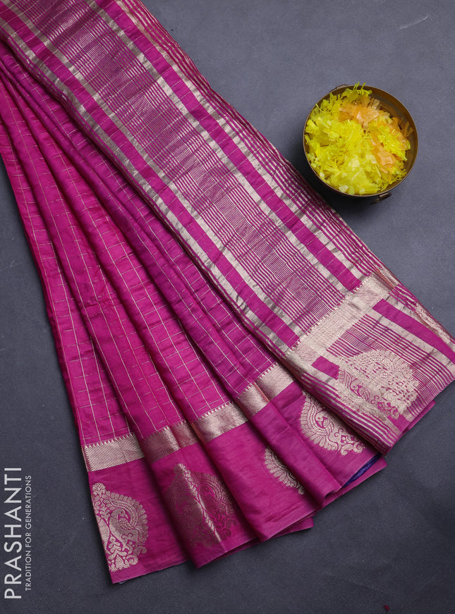 Semi chanderi saree pink and violet with allover zari checked pattern and zari woven butta border