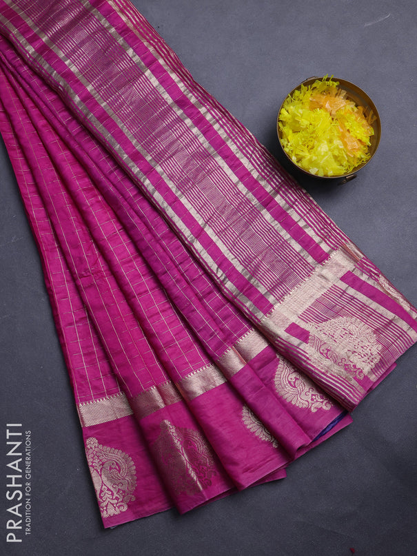 Semi chanderi saree pink and violet with allover zari checked pattern and zari woven butta border